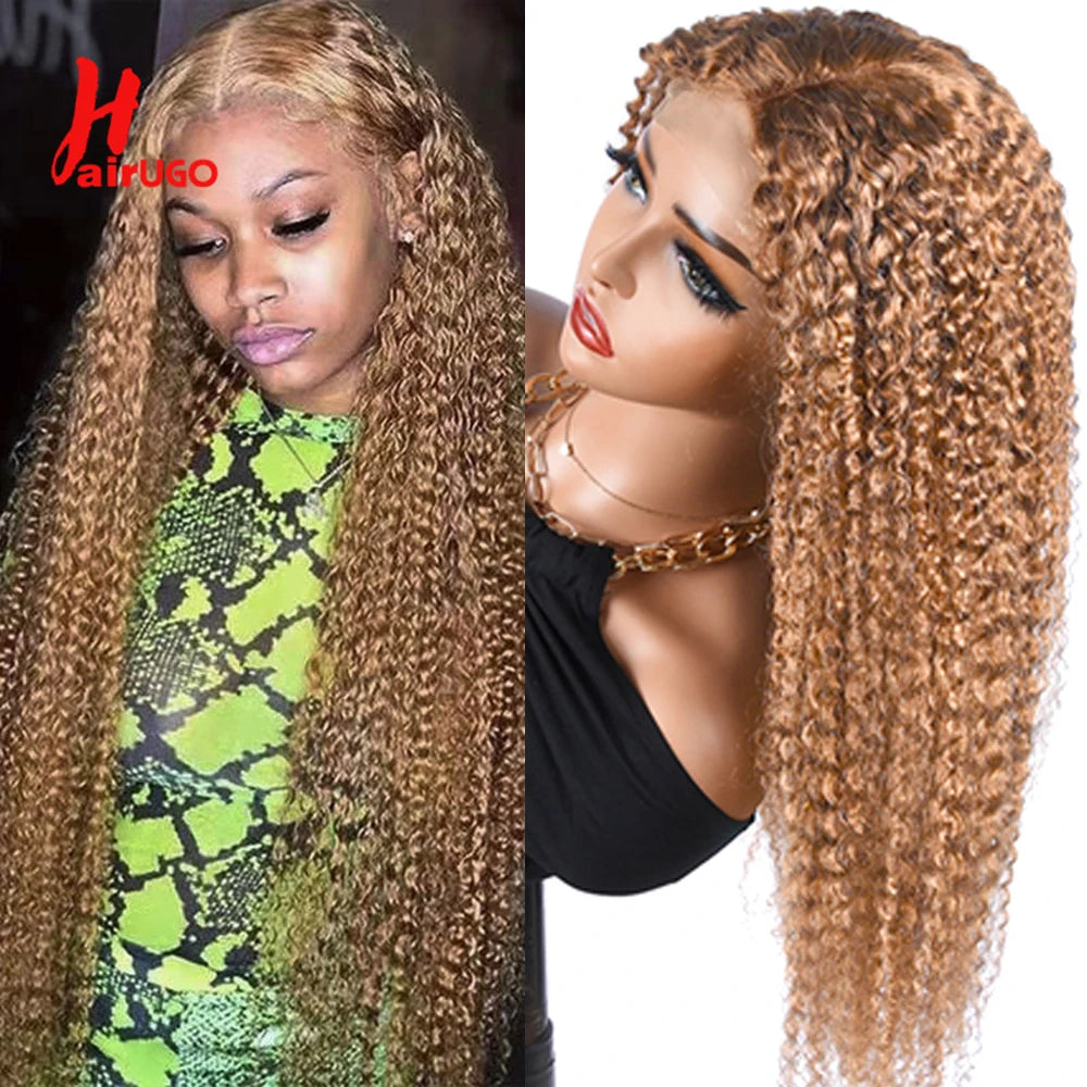 #30 Kinky Curly Wigs Brown 4x4 Lace Closure Wig T Lace Front Human Hair Wigs With Baby Hair Remy Preplucked HairUGo 180% Density