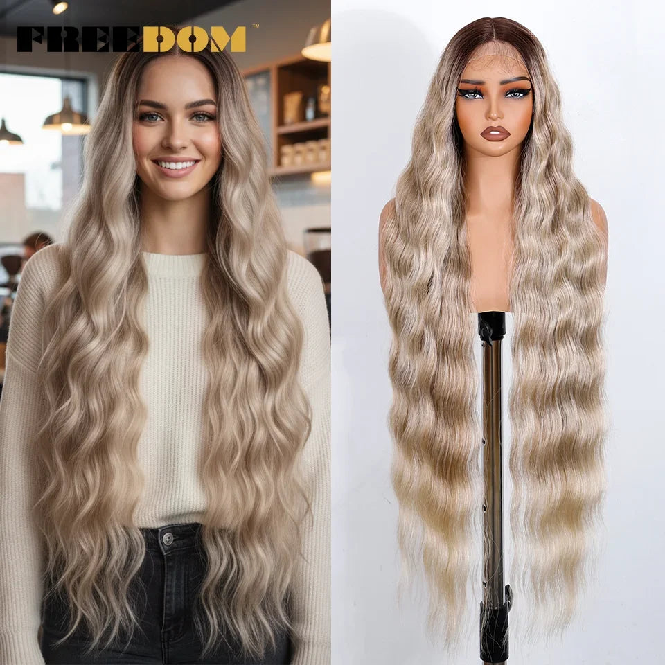 FREEDOM Synthetic Lace Front Wigs For Black Women 36 Inch Long Deep Body Wavy Lace Wig Ombre Brown Blonde White Cosplay Wig
