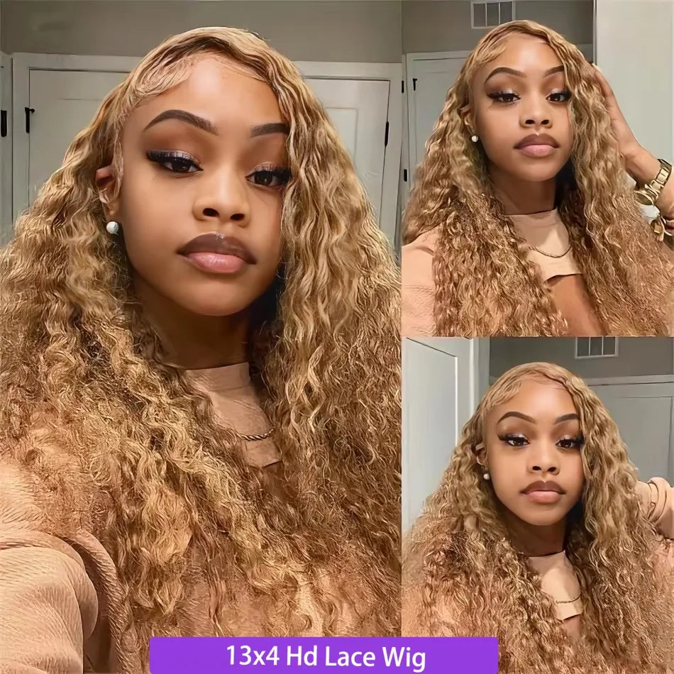 FRIZIRA 30 36Inch #27 Honey Blonde Lace Front Wig Deep Wave Frontal Wig Curly Human Hair Wig 13x4 13x6 Colored Human Hair Wigs