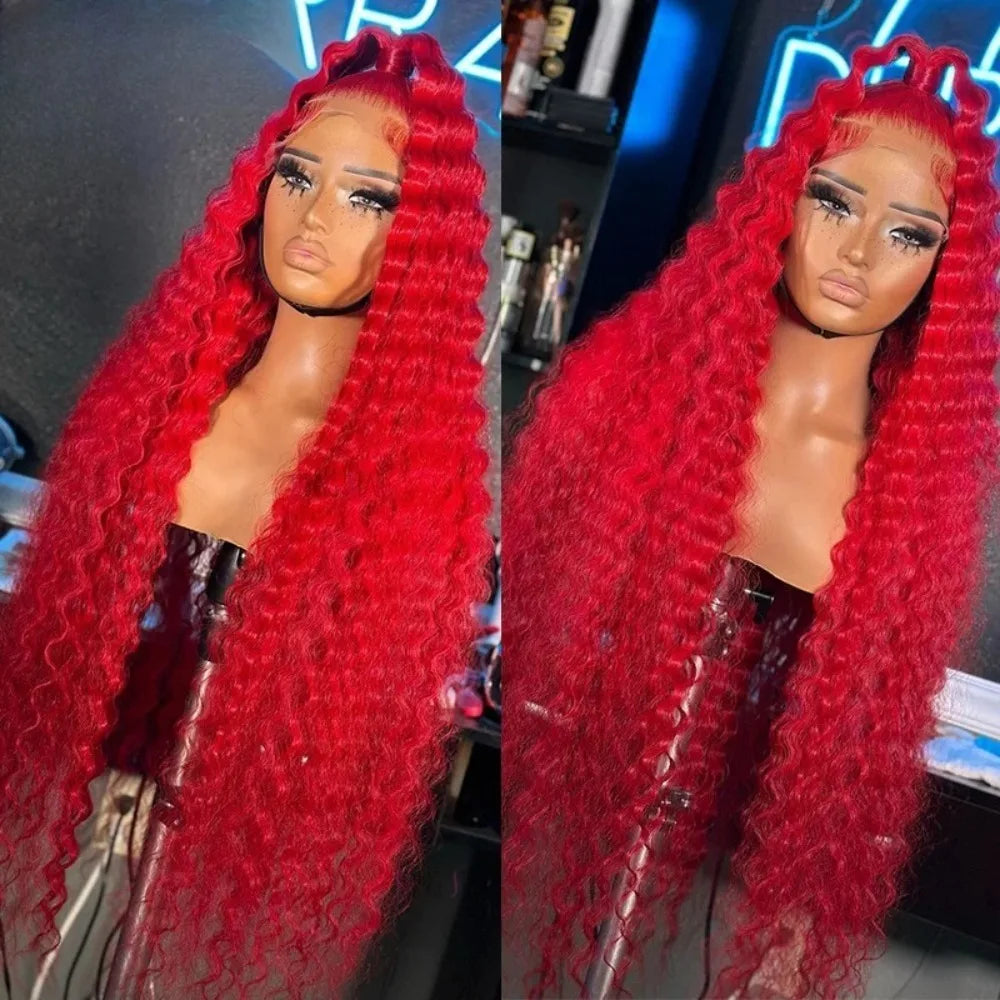 30 Inch Hot Red Wigs 13X4 Hd Lace Frontal Curly Wigs Red Color Deep Curly Wave Glueless Wigs For Women Cosplay Party Wigs
