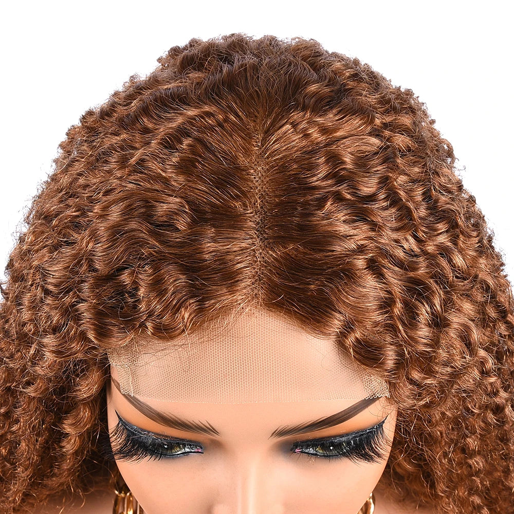 #30 Kinky Curly Wigs Brown 4x4 Lace Closure Wig T Lace Front Human Hair Wigs With Baby Hair Remy Preplucked HairUGo 180% Density