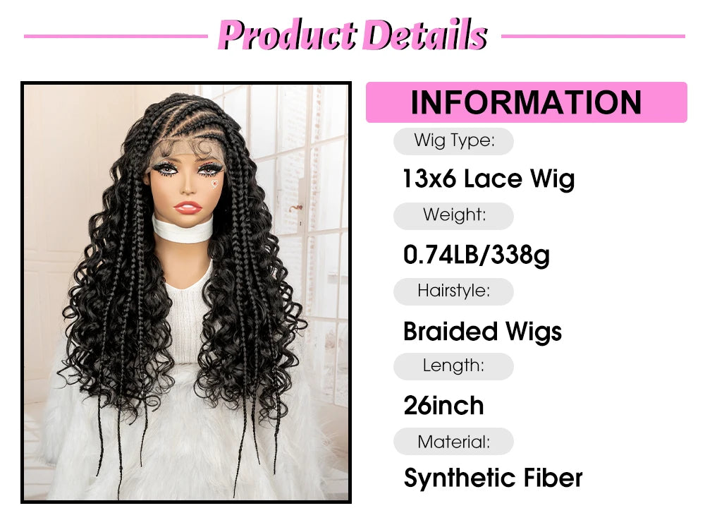 26 Inches Synthetic Cornrow Braided Wig 13x6 Lace Frontal Curly Braiding Wig African Braids Hair Wigs for Black Women