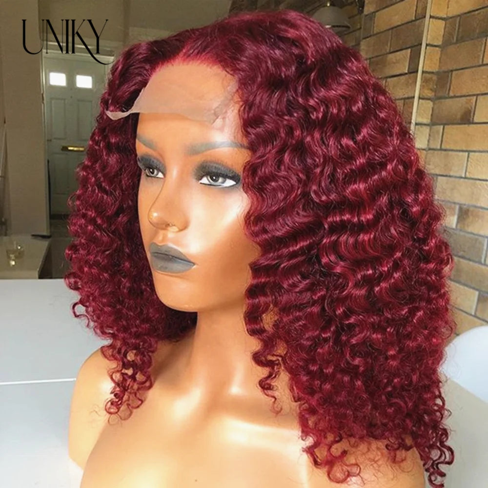 99J Red Colored Kinky Curly Wig Human Hair 13x4 Burgundy Black Short Bob Lace Front Human Hair Wigs For Women Short Deep Curly
