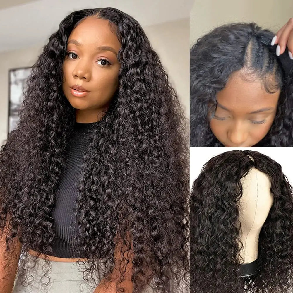 Curly V Part Wig Human Hair No Leave Out Upgrade V Part Wigs Glueless 30 Inch Natural Color Water Wave Human Hair Wig For Women