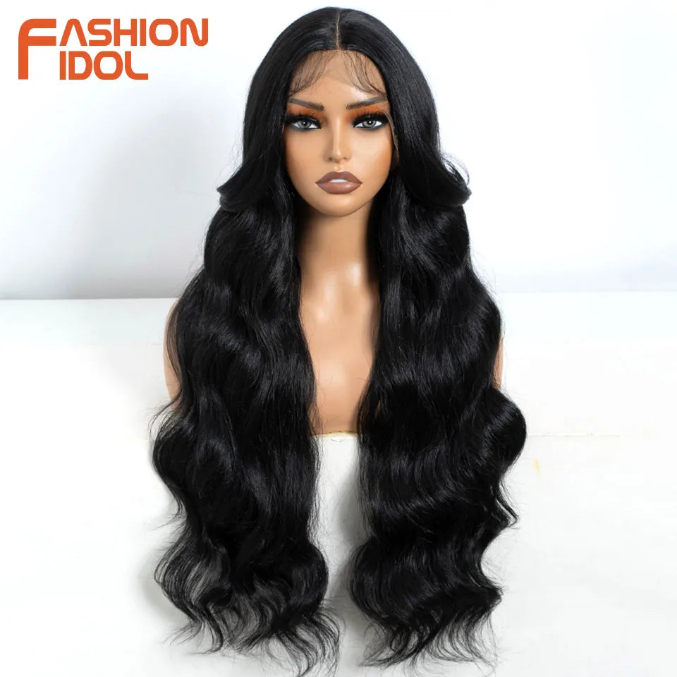 FASHION IDOL Loose Water Wave Lace Front Wigs Synthetic Glueless With Baby Hair Cosplay Wigs For Women Brown Deep Wave Lace Wigs