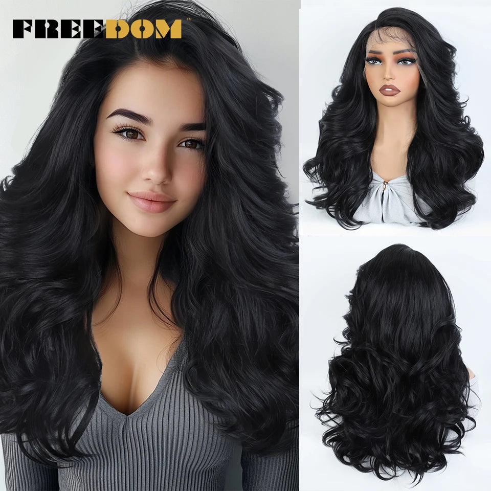 FREEDOM Synthetic Lace Front Wigs For Black Women Body Wave Lace Wig 22 Inches Ombre Chocolate Brown Blonde Wigs Cosplay Wig