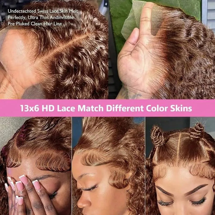Chocolate Brown Deep Wave 13x6 Lace Front Wig Wig Human Hair Water Wave 250% Density Curly Wig Human Hair Brown Wigs Pre Plucked