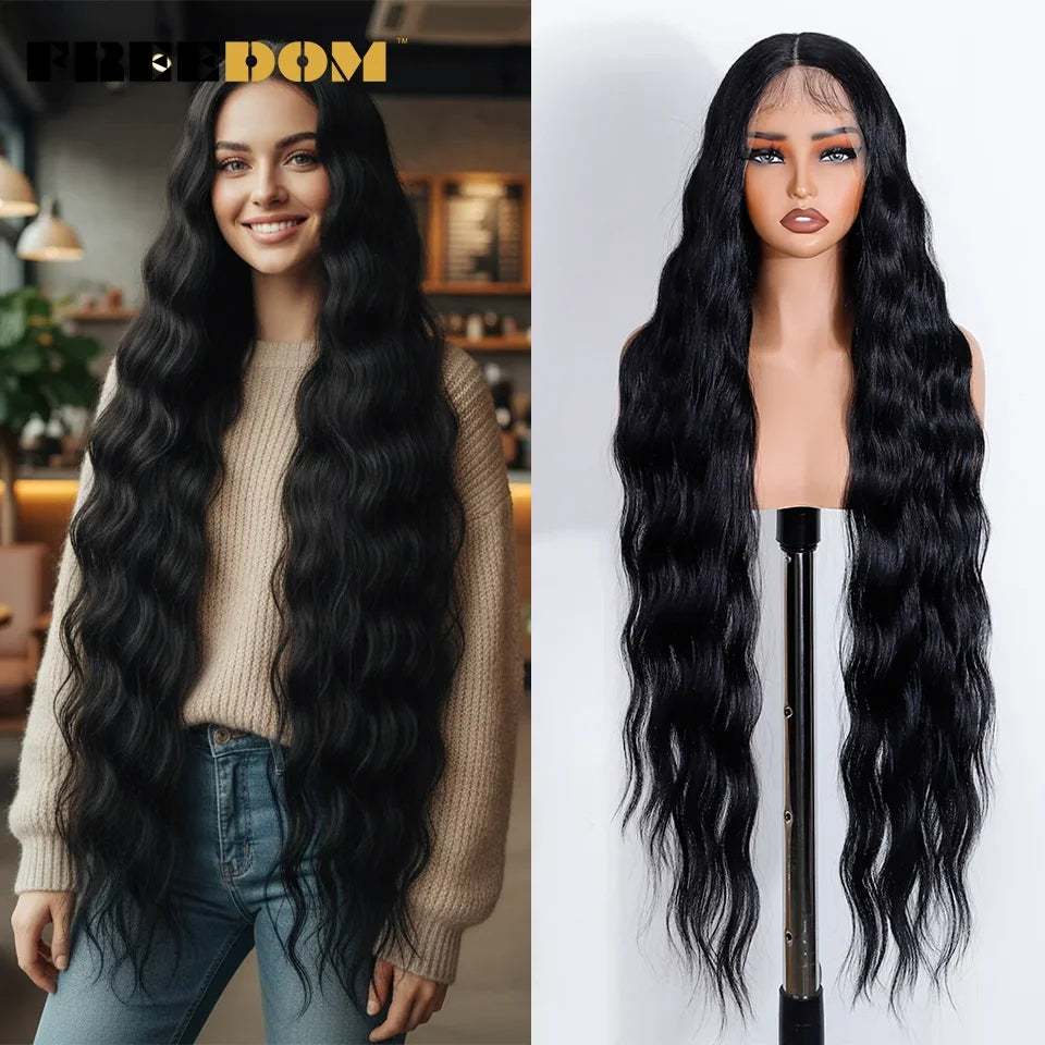 FREEDOM Synthetic Lace Front Wigs For Black Women 36 Inch Long Deep Body Wavy Lace Wig Ombre Brown Blonde White Cosplay Wig