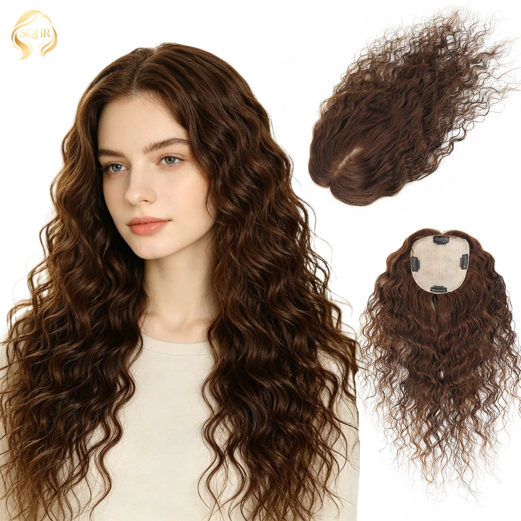 Curly Brown 12x13cm European Virgin Human Hair Topper Natural Realistic Scalp Silk Base Hair Extension With Clip In for Women