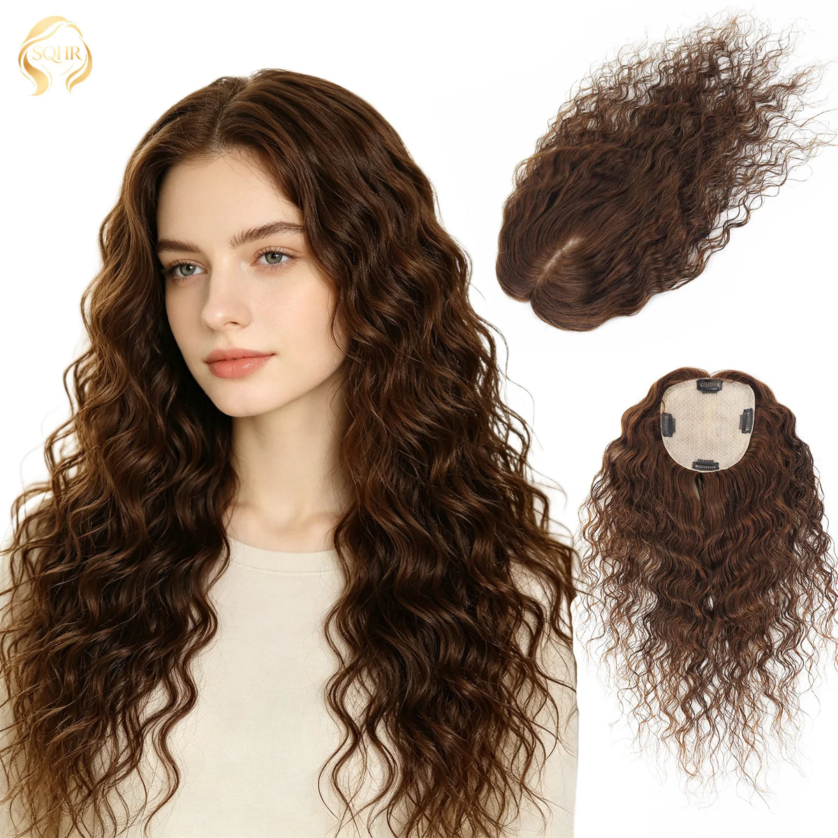 Curly Brown 12x13cm European Virgin Human Hair Topper Natural Realistic Scalp Silk Base Hair Extension With Clip In for Women