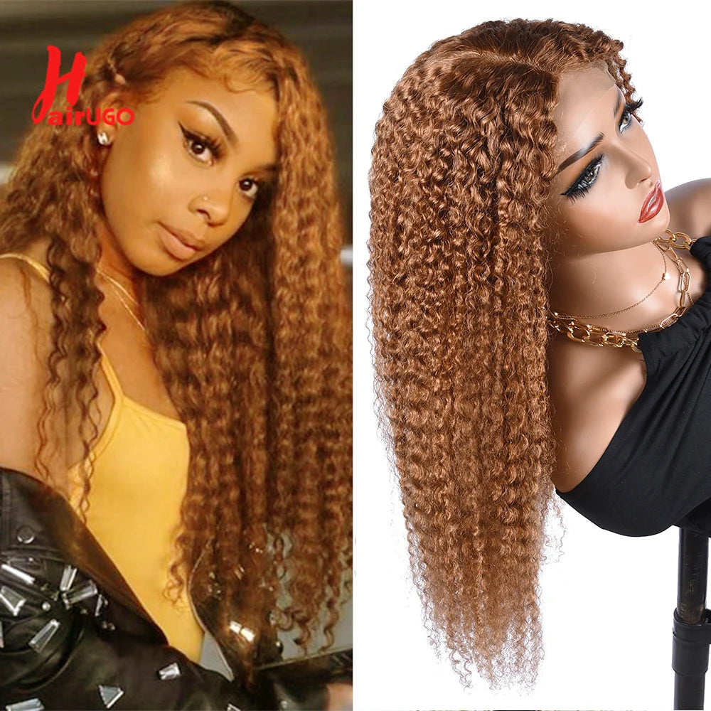 #30 Kinky Curly Wigs Brown 4x4 Lace Closure Wig T Lace Front Human Hair Wigs With Baby Hair Remy Preplucked HairUGo 180% Density