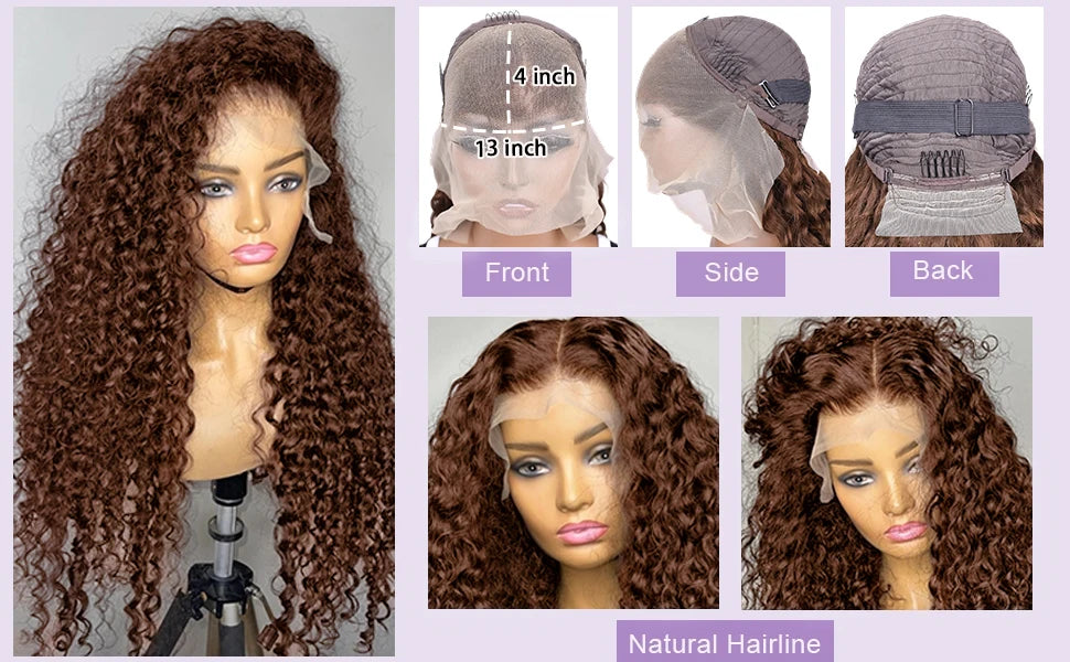 250 Density Chocolate Brown Deep Wave Human Hair Wig 30 38 Inch Transparent Lace Frontal Wigs 13x6 Lace Front Water Curly Wigs
