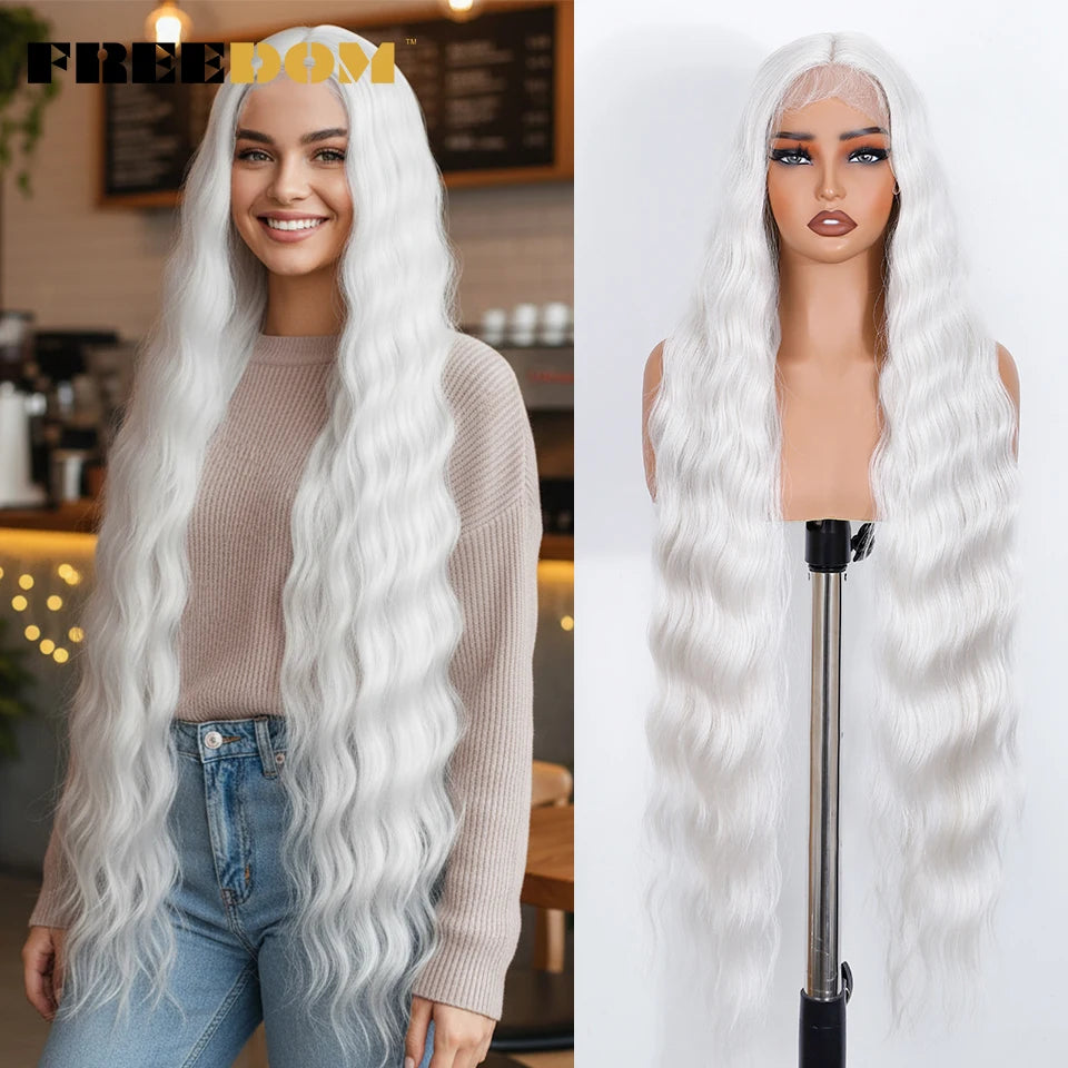 FREEDOM Synthetic Lace Front Wigs For Black Women 36 Inch Long Deep Body Wavy Lace Wig Ombre Brown Blonde White Cosplay Wig