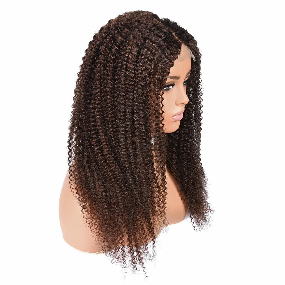 #30 Kinky Curly Wigs Brown 4x4 Lace Closure Wig T Lace Front Human Hair Wigs With Baby Hair Remy Preplucked HairUGo 180% Density