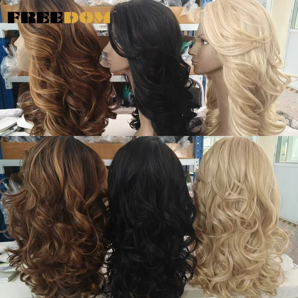 FREEDOM Synthetic Lace Front Wigs For Black Women Body Wave Lace Wig 22 Inches Ombre Chocolate Brown Blonde Wigs Cosplay Wig