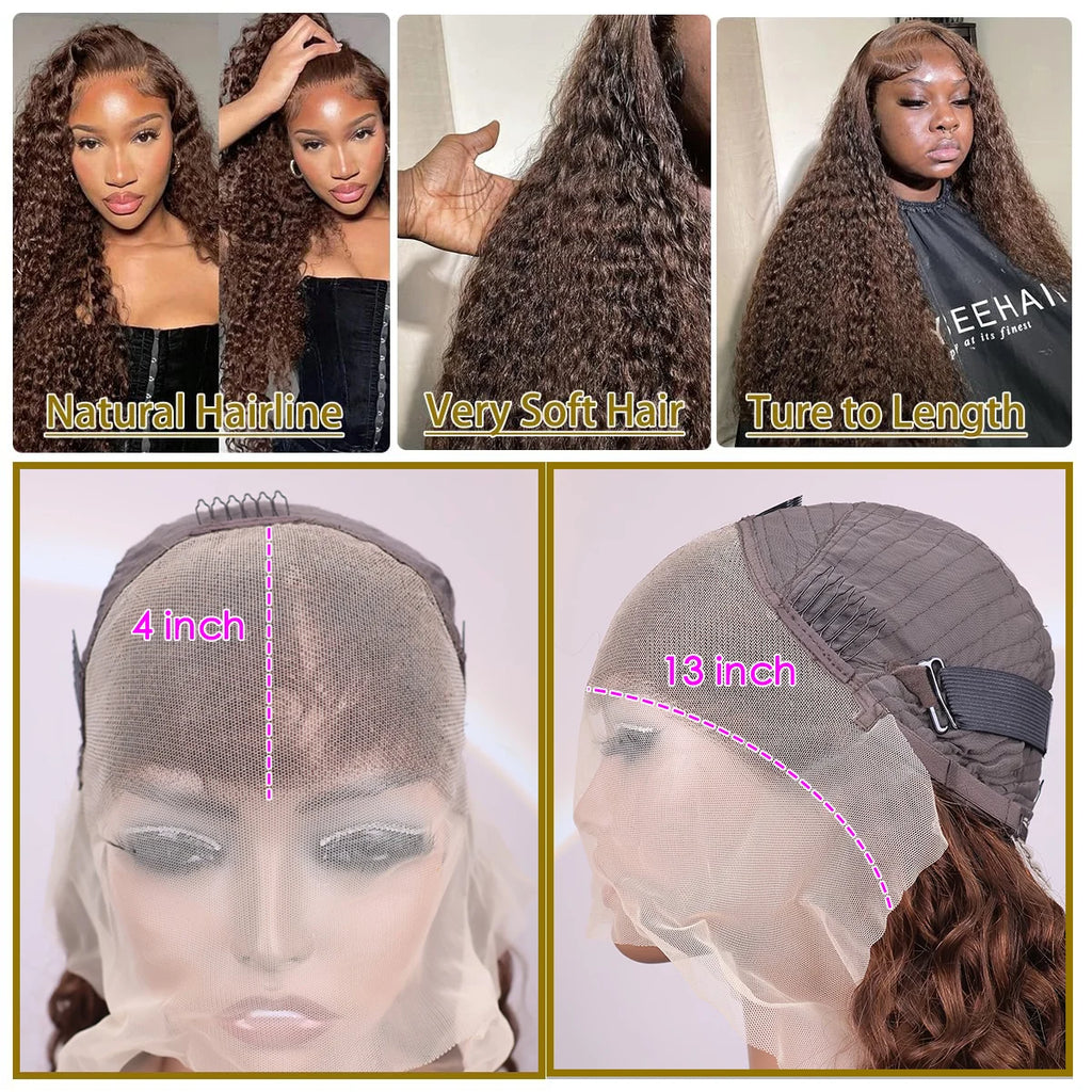 250 Density Chocolate Brown Deep Wave Human Hair Wig 30 38 Inch Transparent Lace Frontal Wigs 13x6 Lace Front Water Curly Wigs