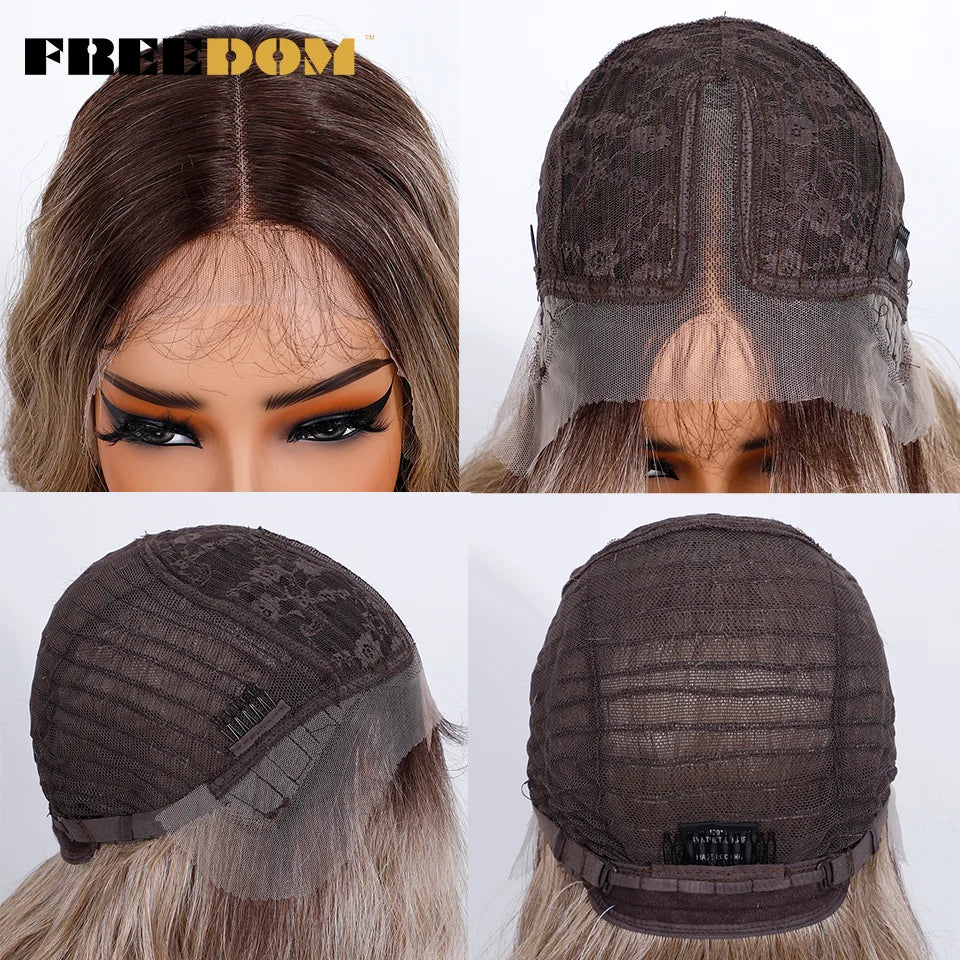 FREEDOM Synthetic Lace Front Wigs For Black Women 36 Inch Long Deep Body Wavy Lace Wig Ombre Brown Blonde White Cosplay Wig
