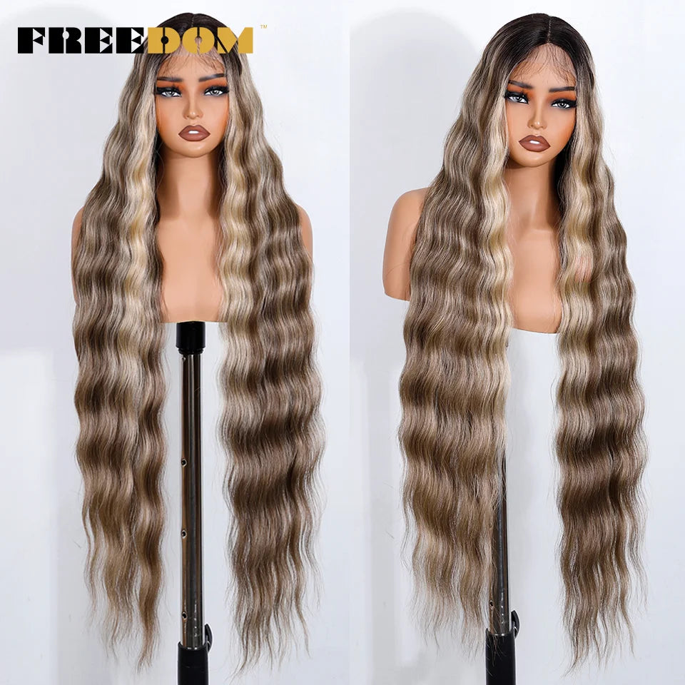 FREEDOM Synthetic Lace Front Wigs For Black Women 36 Inch Long Deep Body Wavy Lace Wig Ombre Brown Blonde White Cosplay Wig