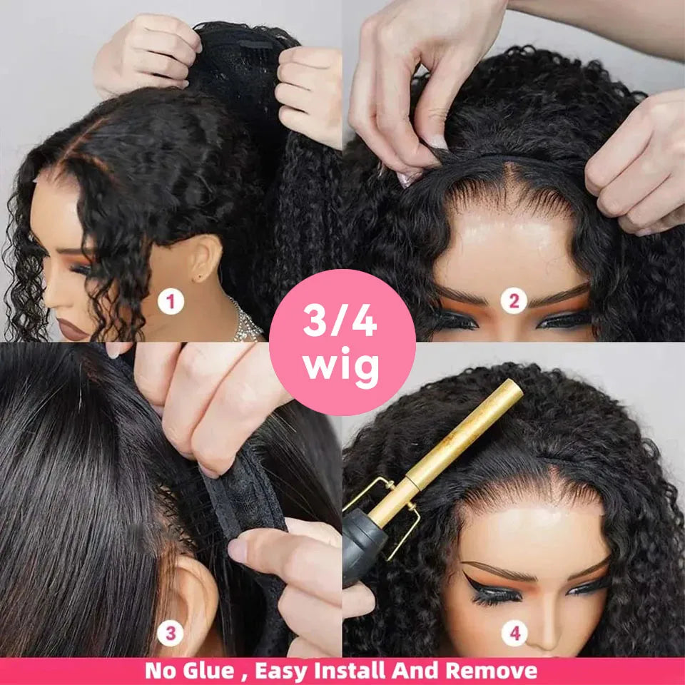 300% Density Raw Hair Flip Over Invisible Half Wigs 3C4A Curly Human Hair Burmese Natural Curly Lace Wig 3/4 Half Wig For Women