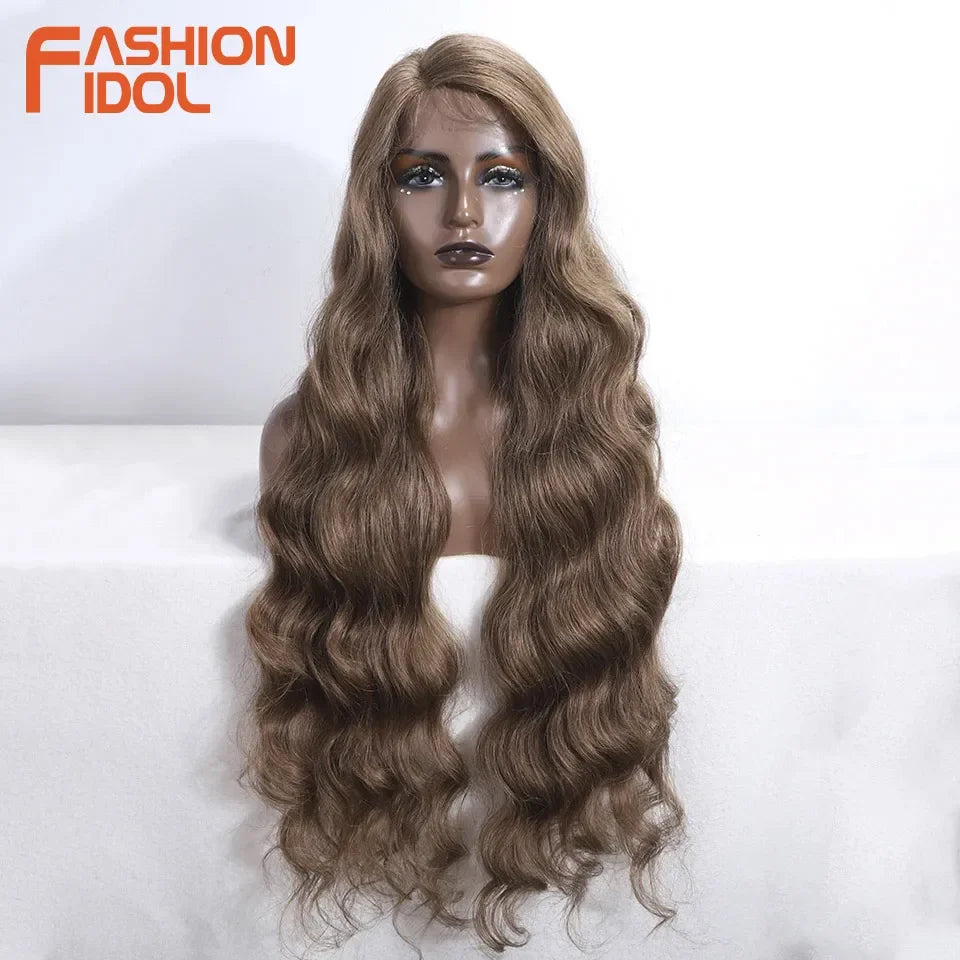 FASHION IDOL 36 Inch Super Long Deep Wave Lace Front Wigs Synthetic Side Part Lace Wigs For Women Brown Wavy Fiber Cosplay Wigs