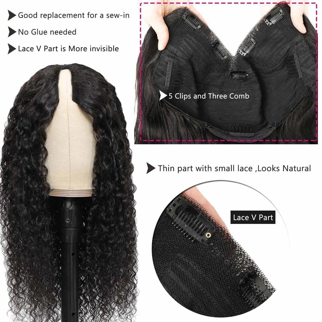 Curly V Part Wig Human Hair No Leave Out Upgrade V Part Wigs Glueless 30 Inch Natural Color Water Wave Human Hair Wig For Women
