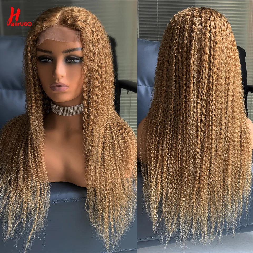 #30 Kinky Curly Wigs Brown 4x4 Lace Closure Wig T Lace Front Human Hair Wigs With Baby Hair Remy Preplucked HairUGo 180% Density