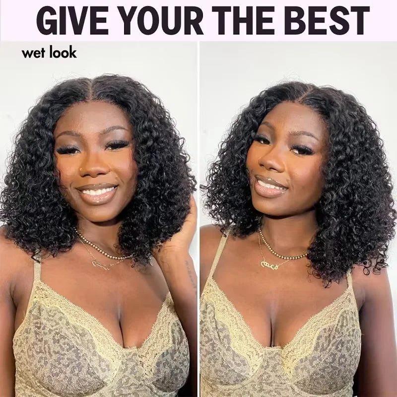 4C Human Hair Deep Wave Short Bob Wig 10-16 Inch Deep Water Wave Lace Front Bob Wigs 100% Human Hair 13x5x1 Middle Part Bob Wigs