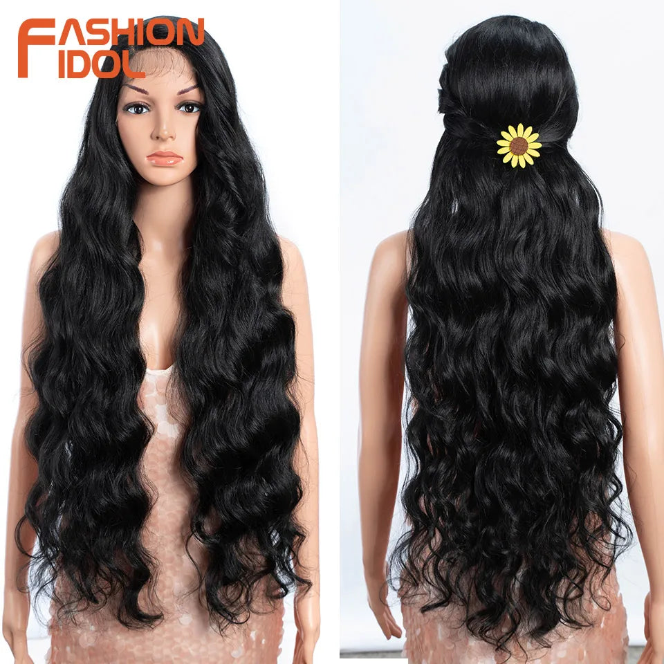 FASHION IDOL 36 Inch Super Long Deep Wave Lace Front Wigs Synthetic Side Part Lace Wigs For Women Brown Wavy Fiber Cosplay Wigs