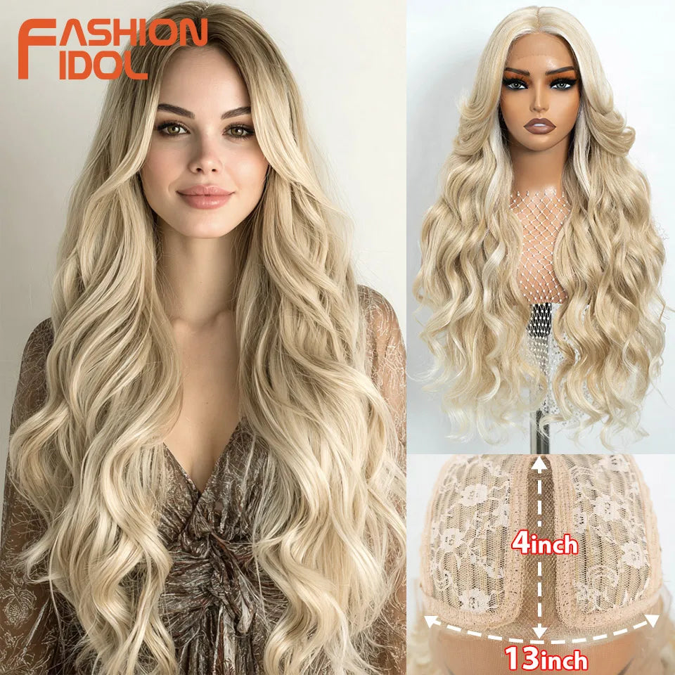 FASHION IDOL Loose Water Wave Lace Front Wigs Synthetic Glueless With Baby Hair Cosplay Wigs For Women Brown Deep Wave Lace Wigs