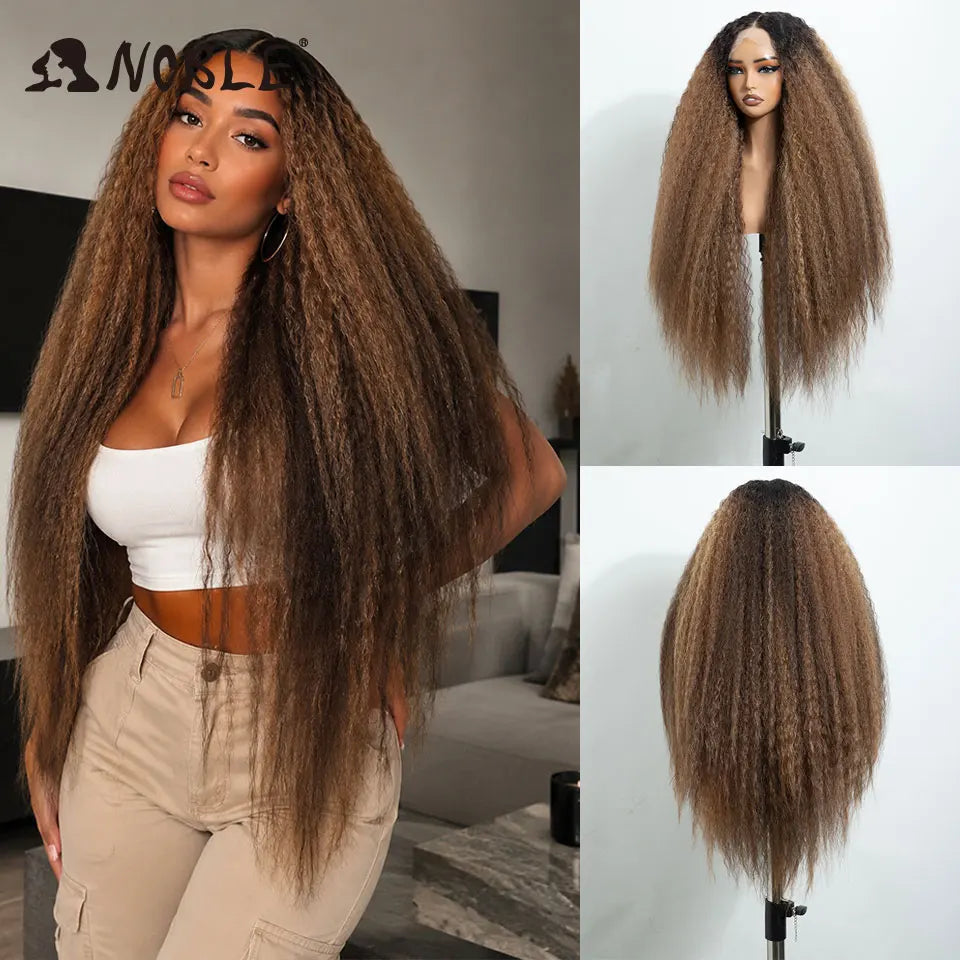 Noble 32 Inch Kinky Curly Lace Front Wig Natural Ombre Honey Brown 13x4 Lace Front Wig Synthetic Wigs For Black Women Daily Wig