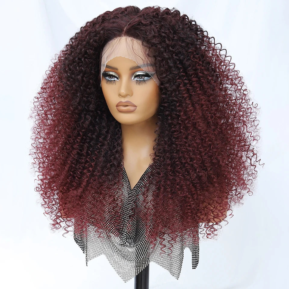 24 Inch Jerry Curl Synthetic Lace Wigs Ombre Burgundy Kinky Curly Wigs For Afro Female Black Latisha Lace Front Wigs For Woman