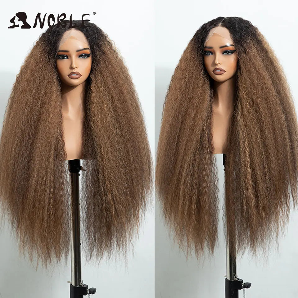 Noble 32 Inch Kinky Curly Lace Front Wig Natural Ombre Honey Brown 13x4 Lace Front Wig Synthetic Wigs For Black Women Daily Wig