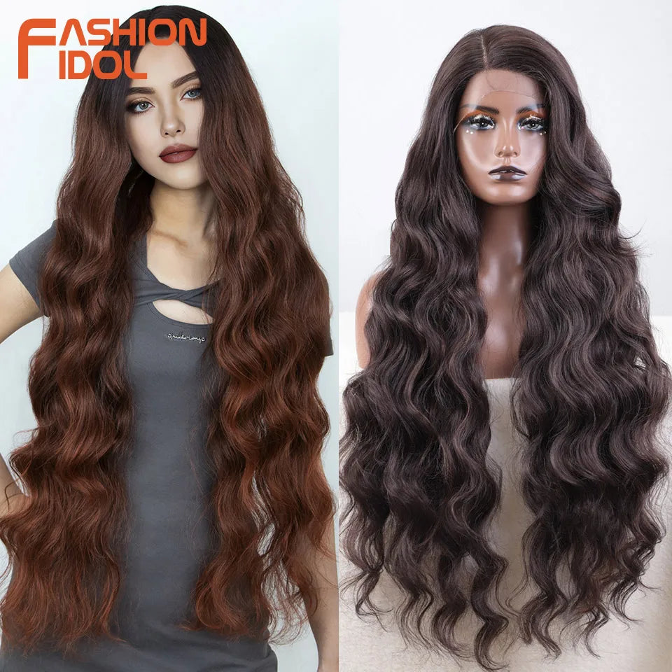 FASHION IDOL 36 Inch Super Long Deep Wave Lace Front Wigs Synthetic Side Part Lace Wigs For Women Brown Wavy Fiber Cosplay Wigs