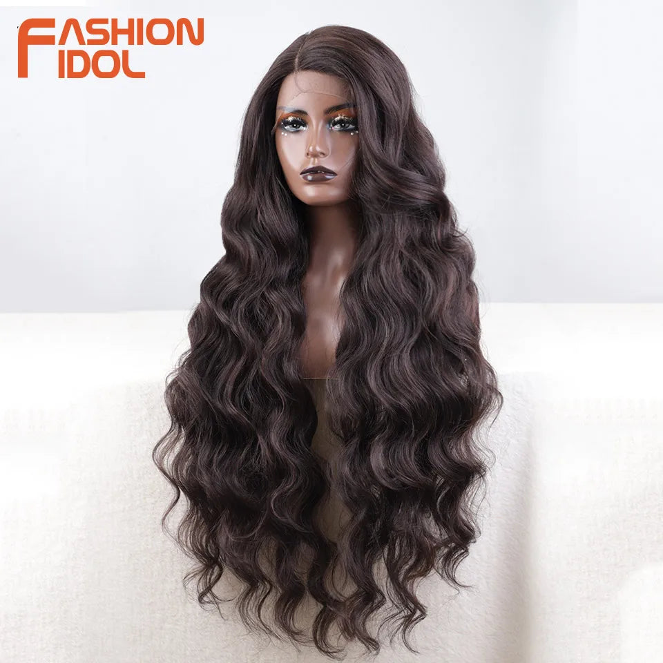 FASHION IDOL 36 Inch Super Long Deep Wave Lace Front Wigs Synthetic Side Part Lace Wigs For Women Brown Wavy Fiber Cosplay Wigs