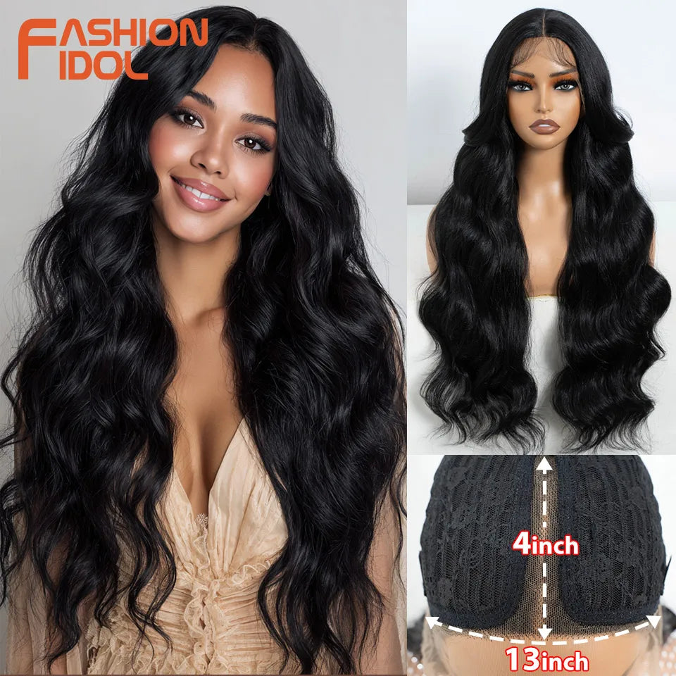 FASHION IDOL Loose Water Wave Lace Front Wigs Synthetic Glueless With Baby Hair Cosplay Wigs For Women Brown Deep Wave Lace Wigs