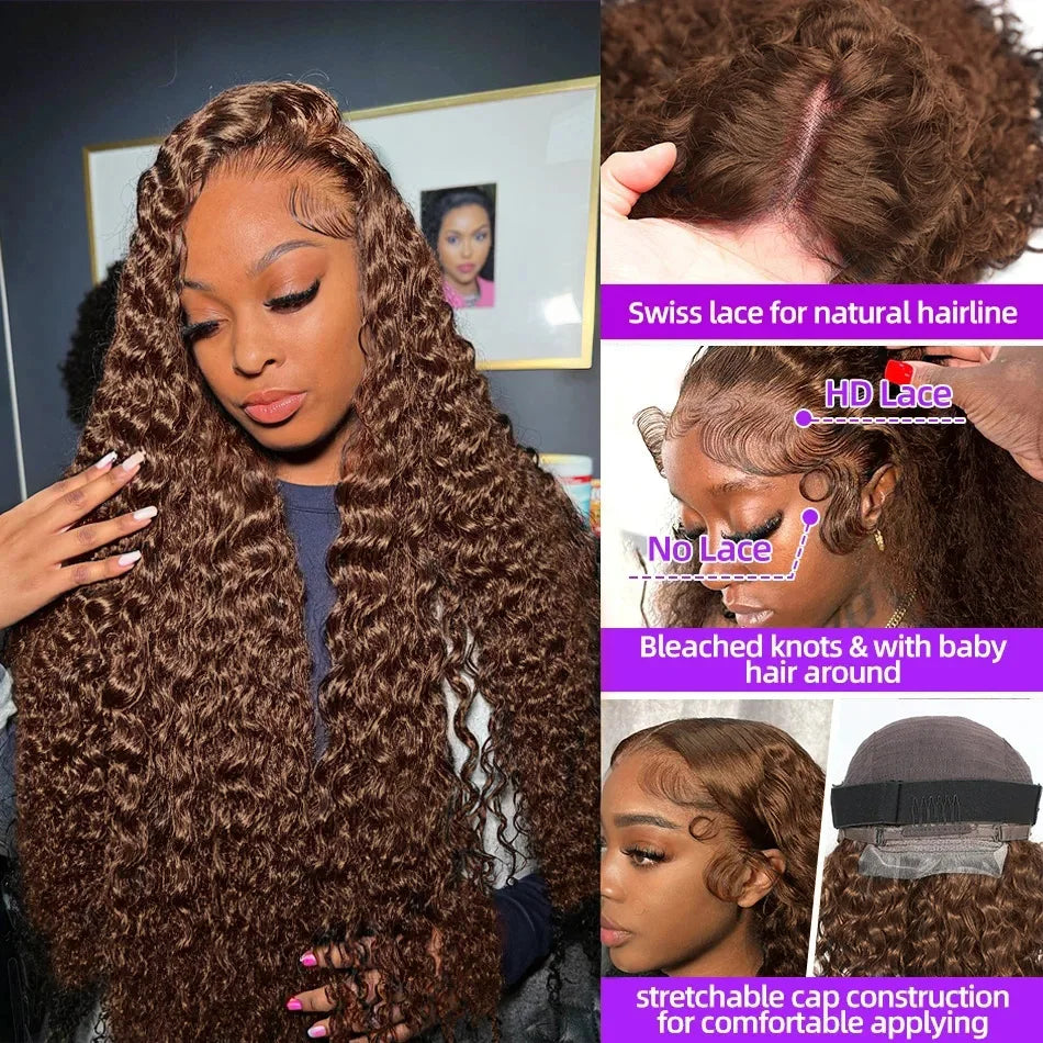250 Density Chocolate Brown Deep Wave Human Hair Wig 30 38 Inch Transparent Lace Frontal Wigs 13x6 Lace Front Water Curly Wigs