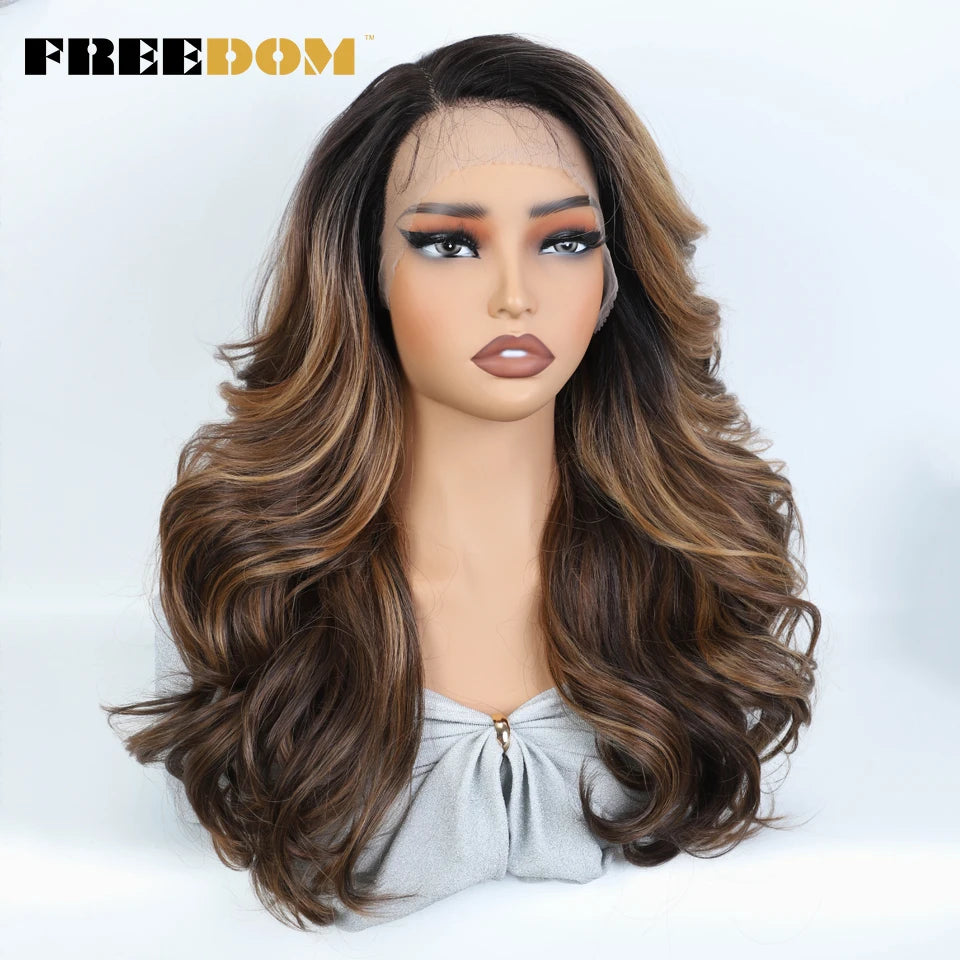 FREEDOM Synthetic Lace Front Wigs For Black Women Body Wave Lace Wig 22 Inches Ombre Chocolate Brown Blonde Wigs Cosplay Wig