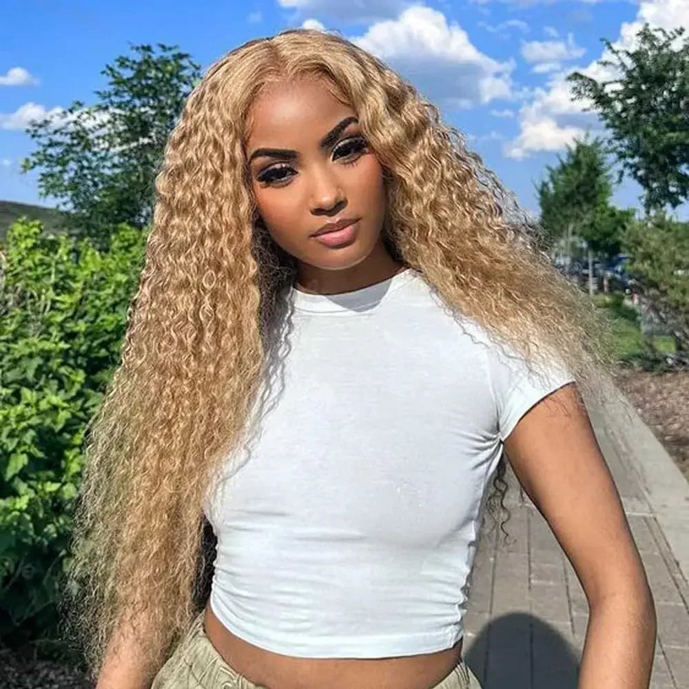 FRIZIRA 30 36Inch #27 Honey Blonde Lace Front Wig Deep Wave Frontal Wig Curly Human Hair Wig 13x4 13x6 Colored Human Hair Wigs