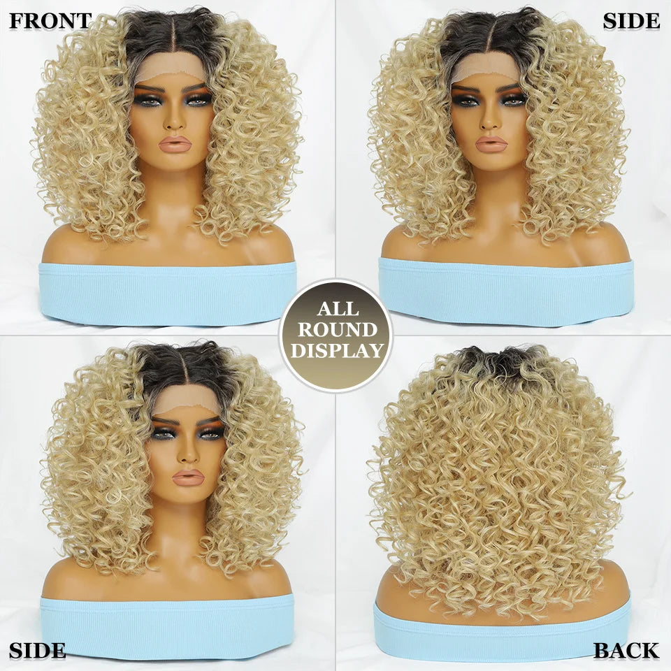 16" Kinky Curly Synthetic Lace Front Wig Black Blonde Wigs For Women Female Ginger Purple Heat Resistant Natural Hair