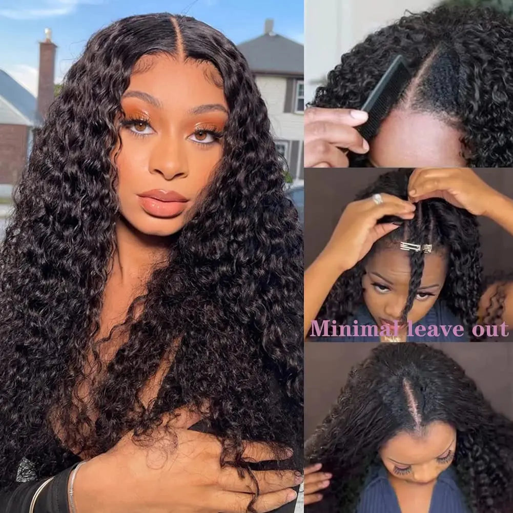 Curly V Part Wig Human Hair No Leave Out Upgrade V Part Wigs Glueless 30 Inch Natural Color Water Wave Human Hair Wig For Women