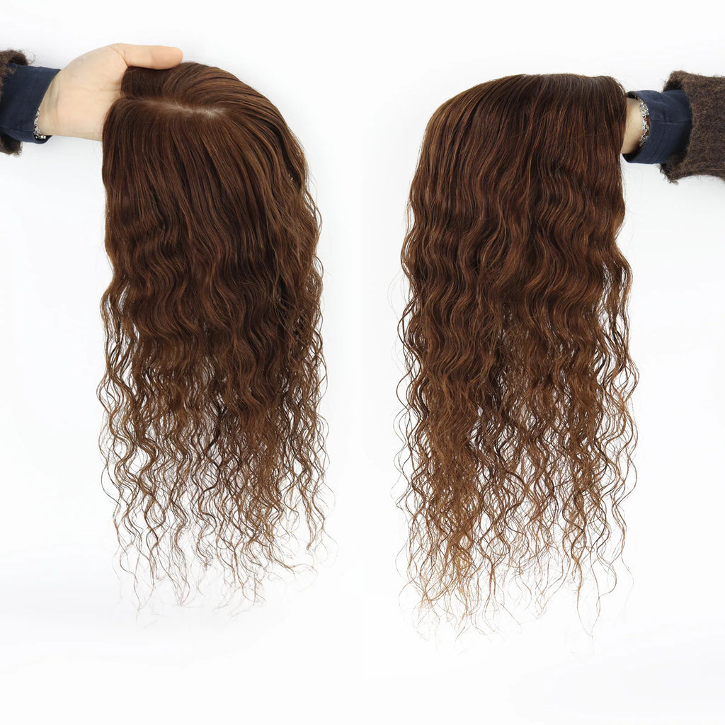 Curly Brown 12x13cm European Virgin Human Hair Topper Natural Realistic Scalp Silk Base Hair Extension With Clip In for Women