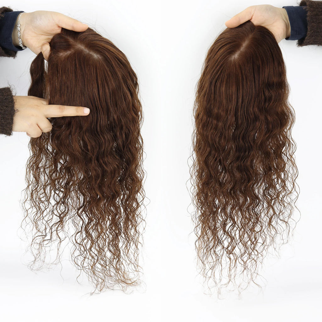 Curly Brown 12x13cm European Virgin Human Hair Topper Natural Realistic Scalp Silk Base Hair Extension With Clip In for Women