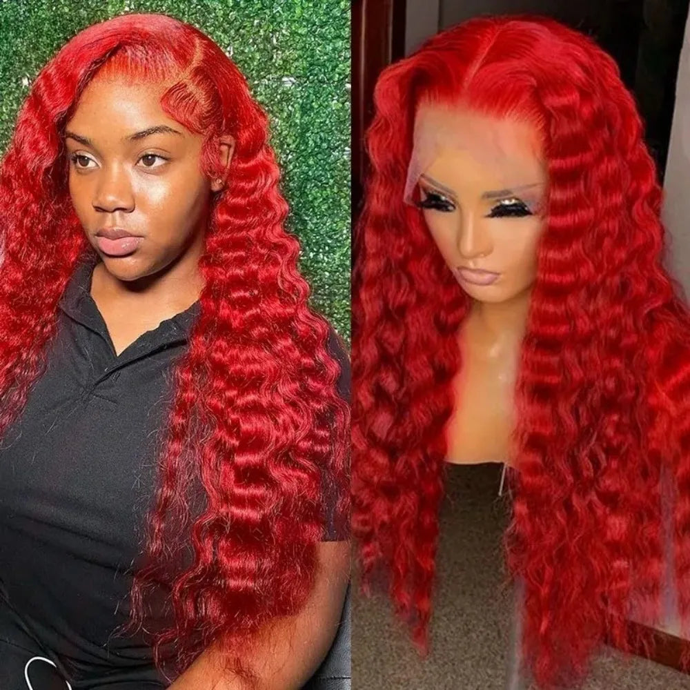 30 Inch Hot Red Wigs 13X4 Hd Lace Frontal Curly Wigs Red Color Deep Curly Wave Glueless Wigs For Women Cosplay Party Wigs