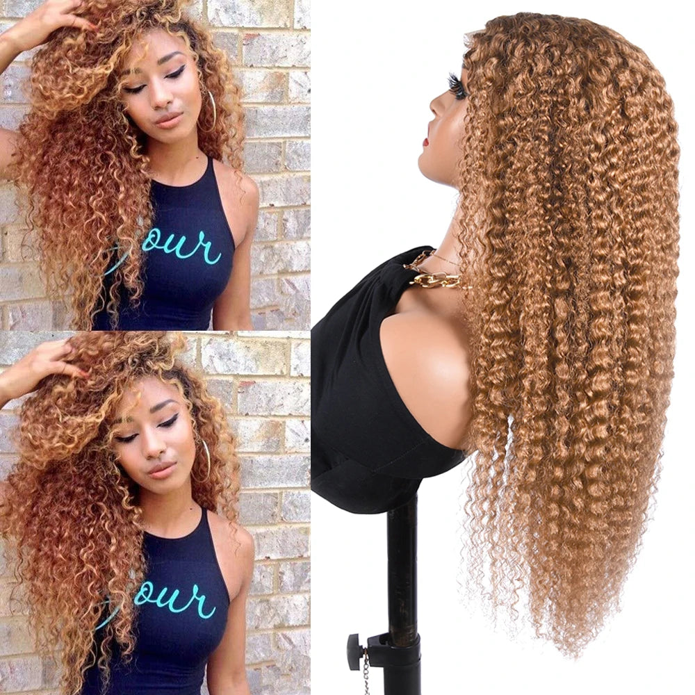 #30 Kinky Curly Wigs Brown 4x4 Lace Closure Wig T Lace Front Human Hair Wigs With Baby Hair Remy Preplucked HairUGo 180% Density