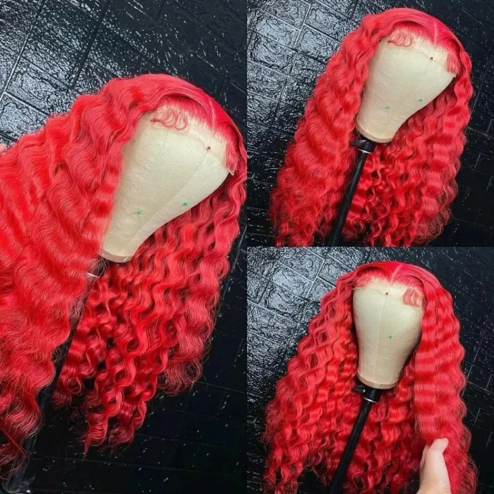 30 Inch Hot Red Wigs 13X4 Hd Lace Frontal Curly Wigs Red Color Deep Curly Wave Glueless Wigs For Women Cosplay Party Wigs