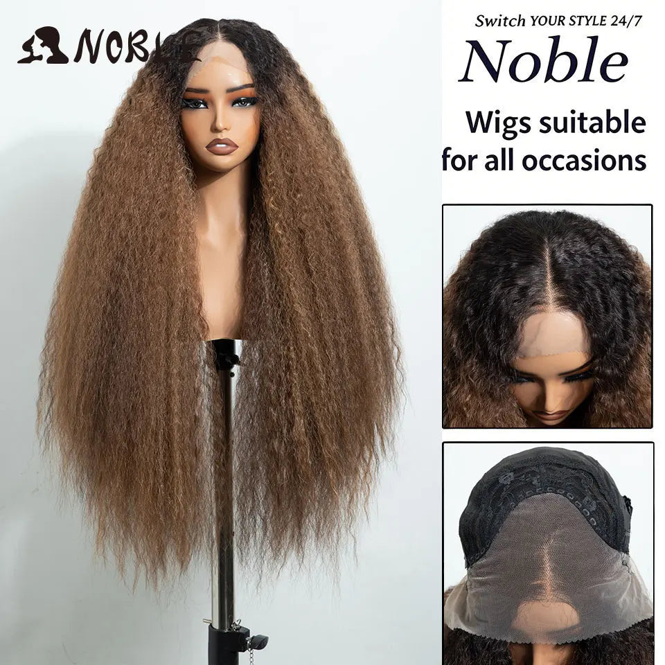 Noble 32 Inch Kinky Curly Lace Front Wig Natural Ombre Honey Brown 13x4 Lace Front Wig Synthetic Wigs For Black Women Daily Wig