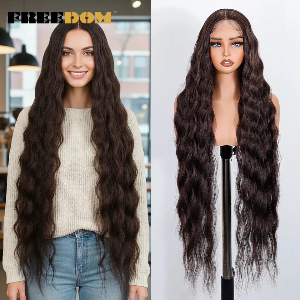 FREEDOM Synthetic Lace Front Wigs For Black Women 36 Inch Long Deep Body Wavy Lace Wig Ombre Brown Blonde White Cosplay Wig
