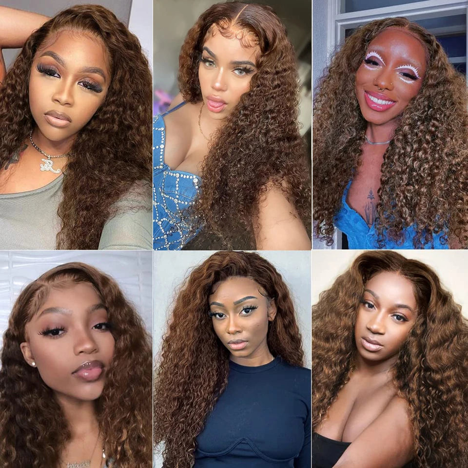 #30 Kinky Curly Wigs Brown 4x4 Lace Closure Wig T Lace Front Human Hair Wigs With Baby Hair Remy Preplucked HairUGo 180% Density