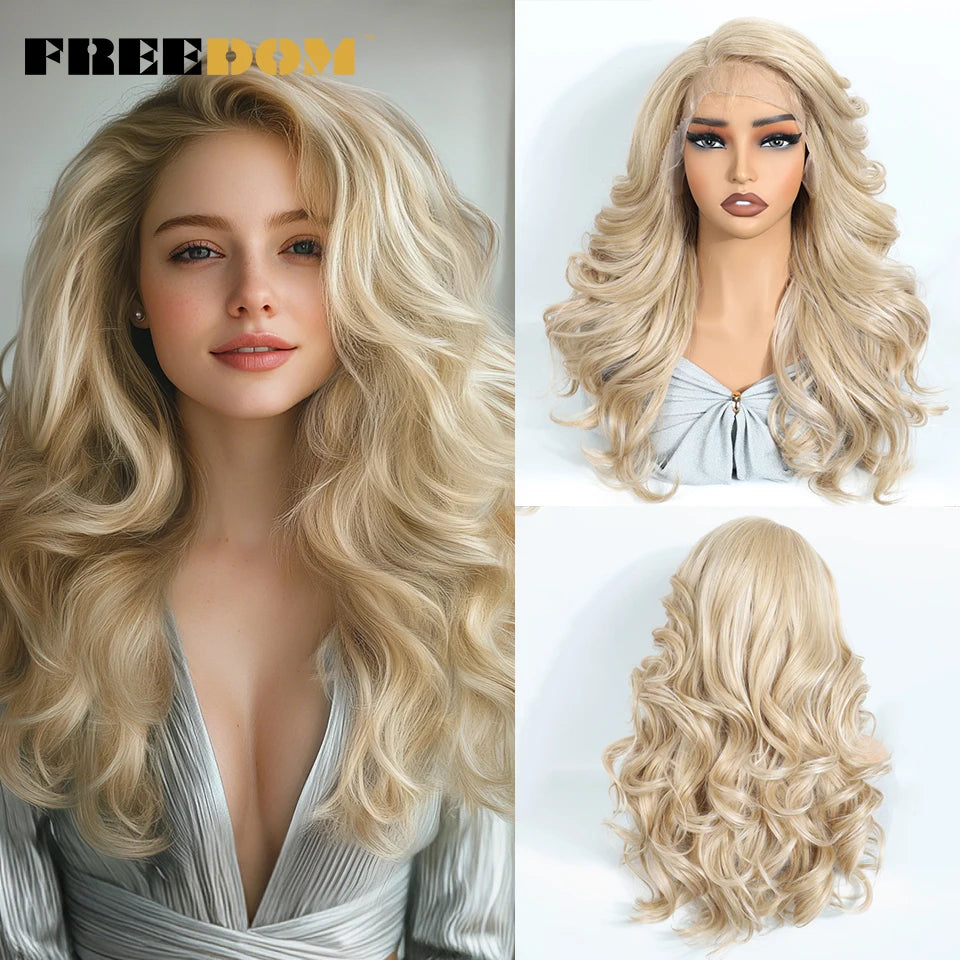 FREEDOM Synthetic Lace Front Wigs For Black Women Body Wave Lace Wig 22 Inches Ombre Chocolate Brown Blonde Wigs Cosplay Wig
