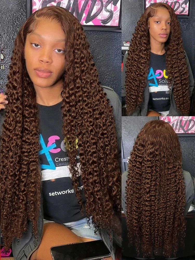 250 Density Chocolate Brown Deep Wave Human Hair Wig 30 38 Inch Transparent Lace Frontal Wigs 13x6 Lace Front Water Curly Wigs